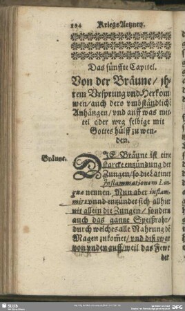 Das fünffte Capitel. Von der Bräune, ihrem Ursprung und Herkommen, auch dero umbständliche Anhängen, ...