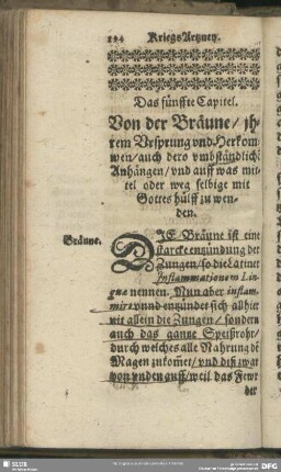 Das fünffte Capitel. Von der Bräune, ihrem Ursprung und Herkommen, auch dero umbständliche Anhängen, ...