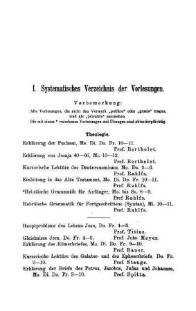 I. Systematisches Verzeichnis der Vorlesungen