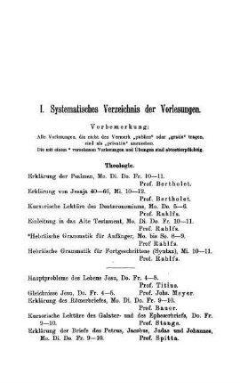 I. Systematisches Verzeichnis der Vorlesungen