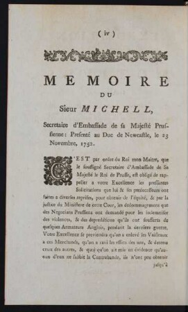 Memoire Du Sieur Michell ... = Memorial Of Mr. Michell ...