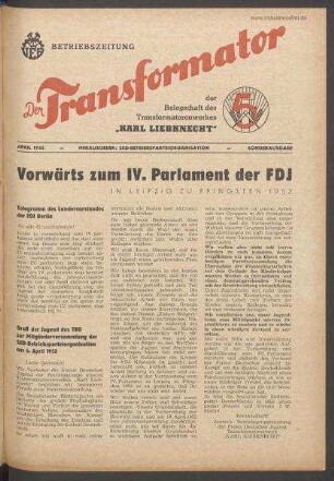 TRO-Betriebszeitung 'Der Transformator'; Sonderausgabe/1952 (April 1952)