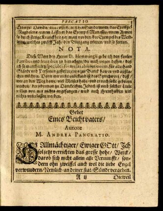 Gebet Eines Beichtvaters/ Autore M. Andrea Pangratio.