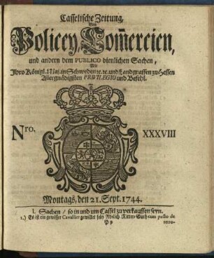Nro. XXXVIII, Montags, den 21. Sept. 1744