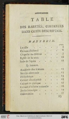 Table des raretés, contenues dans cette description