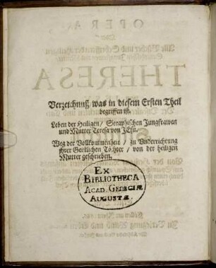 Verzeichnuß, was in diesem Ersten Theil begriffen ist.