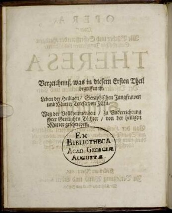 Verzeichnuß, was in diesem Ersten Theil begriffen ist.
