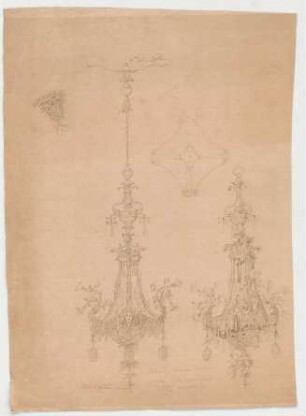 Thiersch, Friedrich von; München; Justizpalast - Lüster für Repräsentationssaal (Perspektiven, Grundriss, Detail)