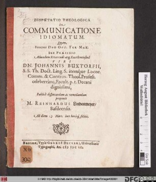 Disputatio Theologica De Communicatione Idiomatum