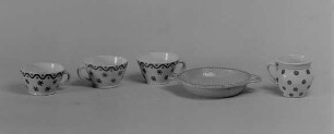 Drei Tassen, Teller mit durchlochten Grifflappen und Trinkbecher mit Henkel : Drei Tassen, Teller mit durchlochten Grifflappen und Trinkbecher mit Henkel. Irdenware, Engobe, bemalt (Malhorn), glasiert (1. H. 20. Jh.; K. Feuerriegel). Frohburg: Museum im Schloß Frohburg V 435/95, V 436/95, V 437/95
