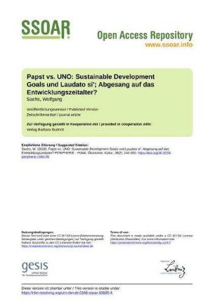 Papst vs. UNO: Sustainable Development Goals und Laudato si'; Abgesang auf das Entwicklungszeitalter?