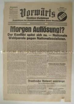 Titelblatt des Zentralorgans der SPD "Vorwärts" zur bevorstehenden Auflösung des Reichstages