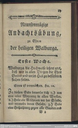 Neunsonntäglge Andachtsübung, zu Ehren der heiligen Walburga