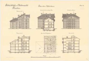 Schlachthof und Viehmarkt, Breslau Beamten-Wohnhaus: Grundriss Sparrenlage, Längsschnitt, Querschnitt, Vorderansicht, Straßenansicht 1:100