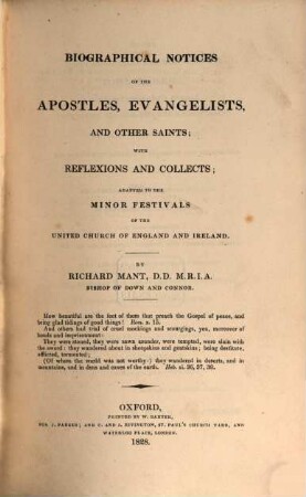 Biographical notices of the apostles, evangelists and other saints : With reflexions and collects ; adapted to the minor festivals of the United church of England and Ireland