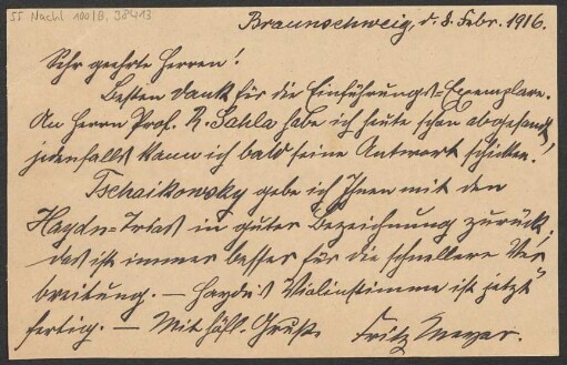 Brief an B. Schott's Söhne : 08.02.1916