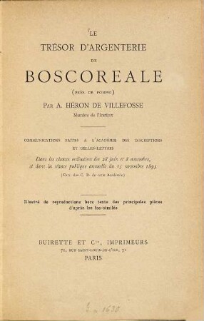 Le trésor d'argenterie de Boscoreale (près de Pompei) : Dans les séances ordinaires des 28 juin et 8 novembre, et dans la séance publique annuelle du 15 novembre 1895.