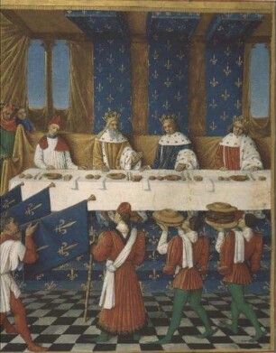 Grandes Chroniques de France — Festmahl zu Ehren Karls IV. von Karl V. im Großen Saal des Palais in Paris, Folio 446 verso