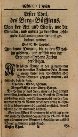 Albaro Alonso Barba, Eines Spanischen Priesters und hocherfahrnen Naturkündigers Berg-Büchlein : Darinnen von der Metallen und Mineralien Generation und Ursprung, wie auch von derselben Natur und Eigenschafft, Mannigfaltigkeit, Scheidung und Feinmachung, ingleichen allerhand Edelgesteinen, ihrer Generation etc. ausführlich und nutzbarlich gehandelt wird ; Anfangs in Spanischer Sprache beschrieben, und in zwey Theile getheilet
