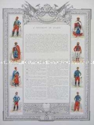 Uniformdarstellung, Rüstungen und Uniformen von Soldaten des 4. Sipahi-Reiter-Regiments und Zeittafel von Schlachten und Belagerungen mit Beteiligung dieses Regiments, Frankreich, 1882-1893.