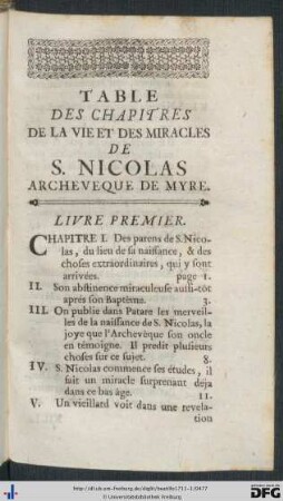 Table Des Chapitres De La Vie Et Des Miracles De S. Nicolas Archeveque De Myre.