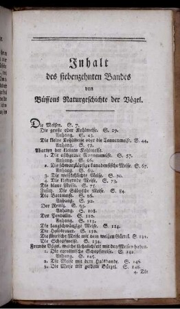 Inhalt des siebzehntes Bandes von Büffons Naturgeschichte der Vögel.