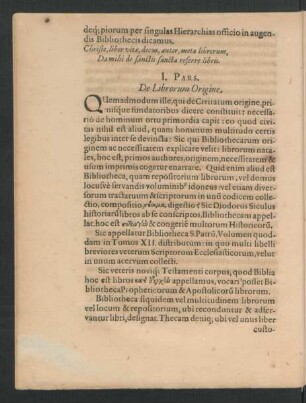 I. Pars. De Librorum Origine.