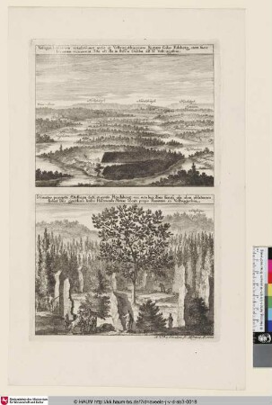 Suecia Antiqua et Hodierna; oben: [Seenlandschaft]; unten: [Felsen im Wald um einem Baum im Rund stehend]