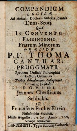 Compendium logicae ad mentem Doctoris Subtilis Joannis Duns-Scoti