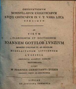 Observationum nonnullarum exegeticarum atque criticarum in V. T. varia loca specimen