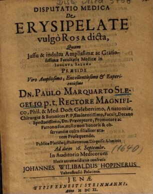 Disputatio Medica De Erysipelate vulgò Rosa Dicta