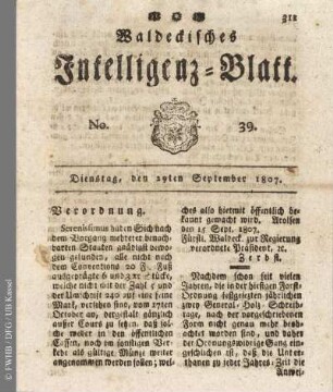 No. 39, Dienstag, den 29ten September 1807