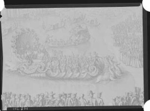 Vermählung des Kurprinzen mit Maria Josepha, Serenata fatta sull' Elba : Longuelune, Zacharias: "Serenata fatta sull' Elba" [Diana sull'Elba] von Johann David Heinichen. Ankunft der Diana zum Dianafest auf den Dresdner Elbwiesen am 18. September 1719 anläßlich der Vermählung des Kurprinzen von Sachsen mit Prinzessin Maria Josepha von Österreich. Ausschnitt: Ankunft der Gondel mit Diana und der Hofkapelle unter Johann David Heinichen. Kupferstich, nach 1721. Dresden: Kupferstich-Kabinett Sax. top. Ca 200-42 oder Ca 220-42