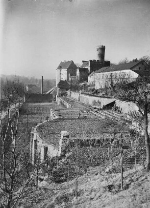 Gnandstein. Burg (1101/1800). Ansicht mit Schlossgärtnerei von Ostsüdosten
