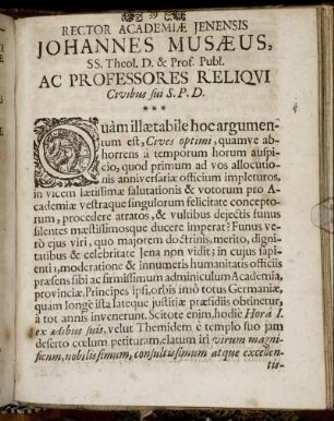 Rector Academiæ Jenensis Johannes Musæus [...]