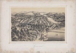 Vogelschauansicht von Grimma, Lithographie, um 1850 : Grimma / Gez. v. A. Eltzner. - Grimma : Gensel ; Dresden : Täubert , [um 1850]. - 1 Vogelschaubild : getönte Lithogr. ; 16 x 10cm