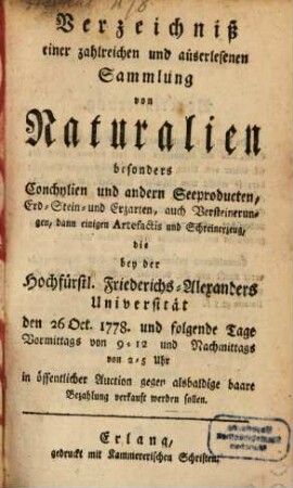 Verzeichniß einer zahlreichen und auserlesenen Sammlung von Naturalien