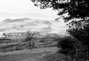 St. Peter: Gesamtblick vom nördlichen Hang mit Nebel