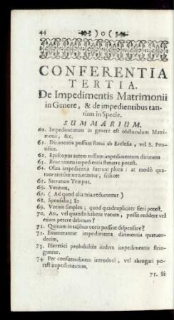 Conferentia Tertia. De Impedimentis Matrimonii in Genere, & de impedientibus tantùm in Specie