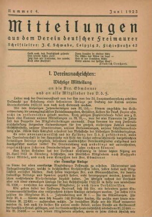 Nummer 4. [1. Jahrgang.] Juni 1923