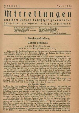 Nummer 4. [1. Jahrgang.] Juni 1923