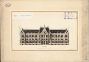 Naturhistorisches Museum (Gewerbemuseum), Hamburg: Hauptfassade 1:200, aufgeklebter Grundriss 1:200