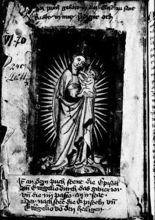 Kolorierter Holzschnitt, eingeklebt: Madonna in Glorie auf Halbmond