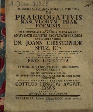 Dissertatio inauguralis iuridica de praerogativis masculorum prae foeminis