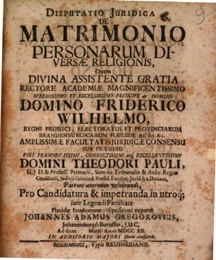 Disp. iur. de matrimonio personarum diversae religionis