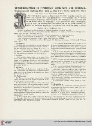 17: Wandmalereien in tirolischen Schlössern und Ansitzen, [1] : Ergänzungen und Nachträge 1909-1915 zu "Der Väter Erbe", Seite 111-160