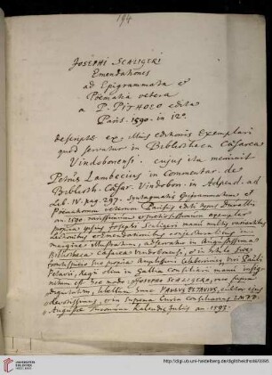 Josephi Scaligeri Emendationes ad Epigrammata et Poematia vetera a Petro Pithoeo