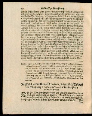 Käyserl. Commissions-Decretum, worinn der Bischoff von Straßburg à Sessione & Voto im Fürsten-Rath suspendiert worden