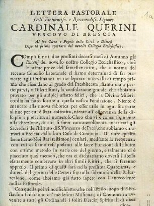 Lettera Pastorale Dell'Eminentiss. e Reverendiss. Signore Cardinale Querini Vescovo Di Brescia Al suo Clero e Popolo della Città e Diocesi Dopo la prima apertura del novello Collegio Ecclesiastico : [Brescia ... li 8. Novembre 1753.]