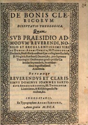 De Bonis Clericorvm Dispvtatio Theologica